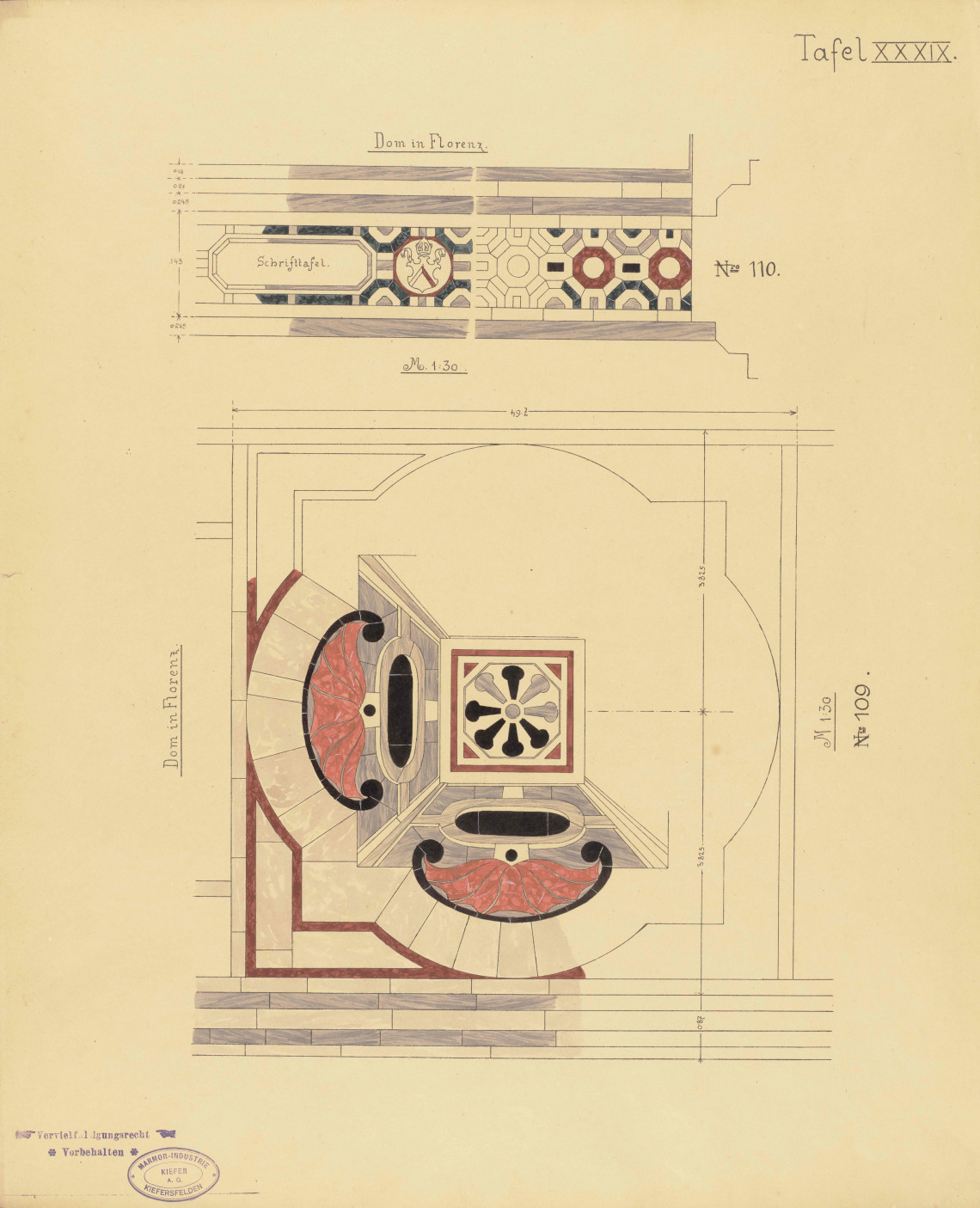 Historical, technical pencil and coloured pencil drawing of a marble mosaic pattern from the floor of Florence Cathedral.
