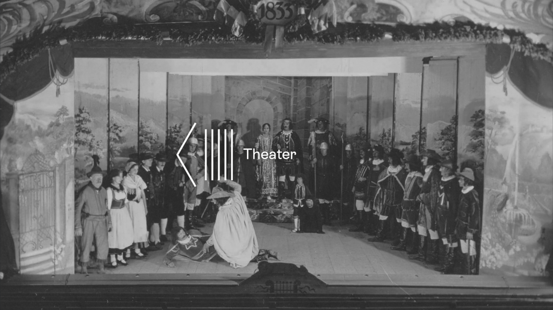 Black-and-white header featuring the rotating stage and actors from an unknown play at the historic Knights’ Theater in Kiefersfelden.