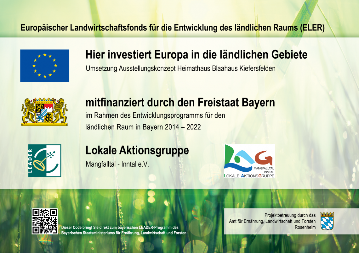 Board of the museum's sponsors (from top left to bottom right): European Agricultural Fund for Rural Development (EAFRD); Free State of Bavaria; Local Action Group Mangfalltal - Inntal e.V.